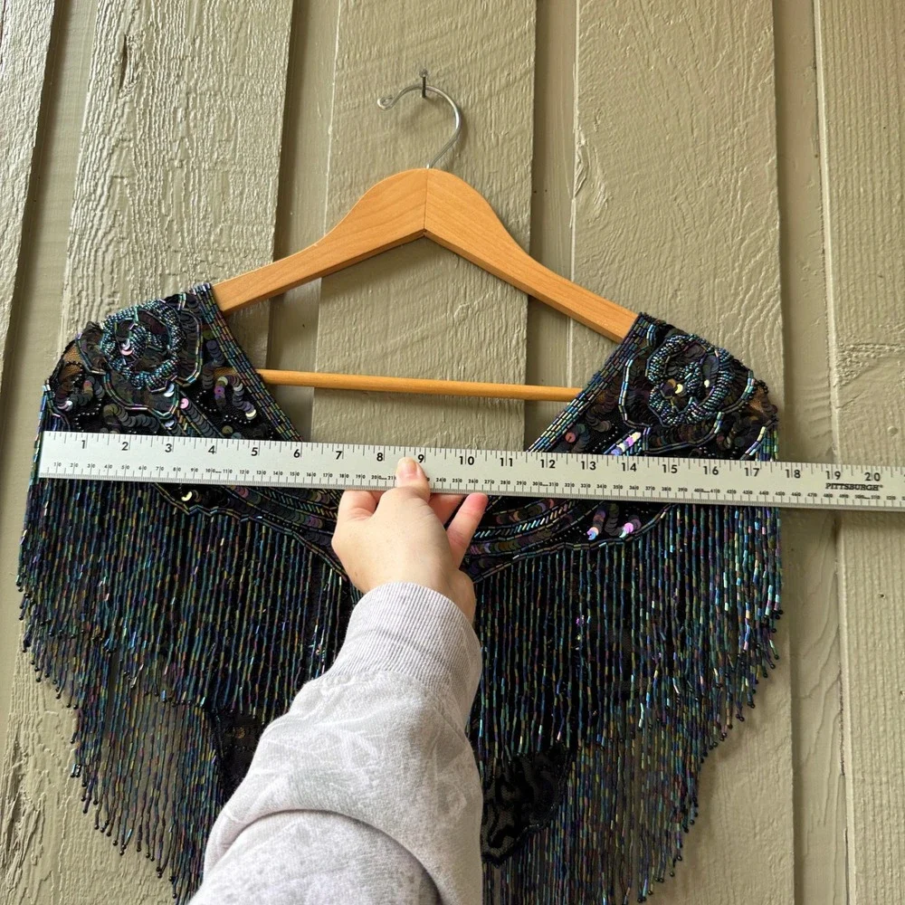 Vintage Beaded Fringe Capelet Shawl Womens Iridescent Floral One Size Black